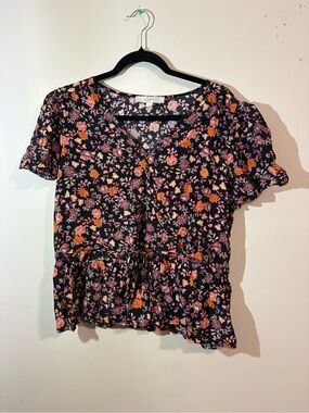 LOFT Black Floral V-Neck Top women’s XL faux wrap blouse short puff sleeve